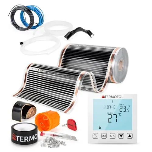 Termofol Elektrische Fußbodenheizung Heizfolie 230V - mit Thermostat H1 Weiß - Leistung 60 W/m2 - Oberfläche 8m² - Fussbodenheizung Elektrisch Komplettset fur Fußboden-, Wand- oder Deckenheizung