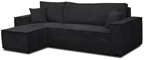 VENASI HUGO Ecksofa mit Schlaffunktion und Bettkasten in Cord Schwarz - Ecksofa mit flexibler Ottomane, integrierter Schlaffunktion und Stauraum für Bettwäsche – ideal für kleine Räume und Gäste.