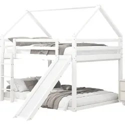 Modfu Etagenbett in Weiß, 140x200 cm, für Kinder und Jugendliche - Verspieltes Etagenbett im Hausdesign mit Rutsche für kreative Spielmomente. Robuste Bauweise aus Kiefernholz und MDF, ideal für Geschwister oder Übernachtungsbesuch. Sicherer Rausfallschutz und einfache Montage.
