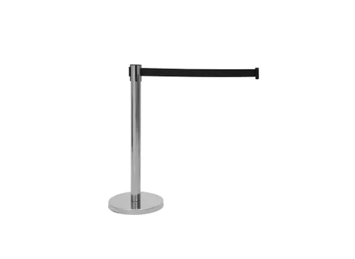 EUROLITE Absperrsystem mit schwarzem Gurt - Flexibles Absperrsystem für Veranstaltungen, ideal zur Personenlenkung und Gestaltung von Eingangsbereichen. Mit selbstaufrollendem Gurt und stabiler Metalloberfläche.