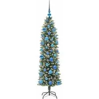 vidaXL Künstlicher schlanker Weihnachtsbaum 150 cm in Grün und Weiß - Stylischer Weihnachtsbaum mit schlankem Design, ideal für kleine Räume. Lebensechte PVC-Spitzen und 150 warme LED-Lichter schaffen eine festliche Atmosphäre und sind umweltfreundlich dank USB-Betrieb.
