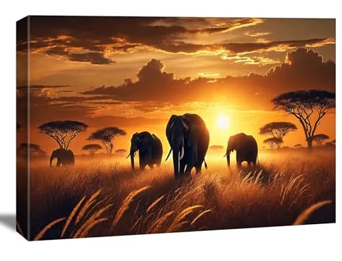 Visario Elefanten Bild 120x80 cm – Afrikanische Savanne bei Sonnenuntergang | Hochwertiger 3D-Kunstdruck auf Leinwand | Safari Wandbild für Wohnzimmer & Büro – Art.-Nr. 5050