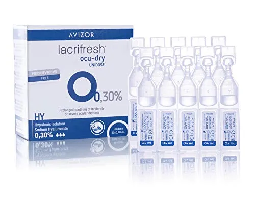 Avizor Lacrifresh Ocu-Dry 0,30%. Einzeldosis Augentropfen. 20 Ampullen 0.4 ml Augentropfen zur Linderung von Symptomen von Augenreizungen, 8 ml