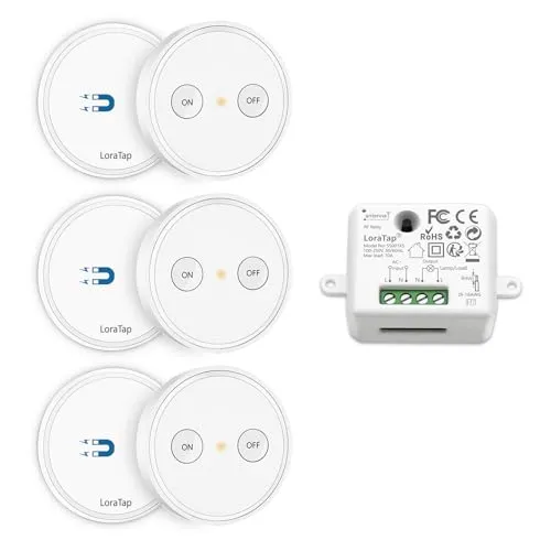 LoraTap Funk Lichtschalter Set mit 3 Fernbedienungen und 1 Empfänger, 230V Funk Schalter für Licht & Geräte bis 2300W, 200 m Reichweite, Drahtlose Steuerung ohne Zusatzverkabelung