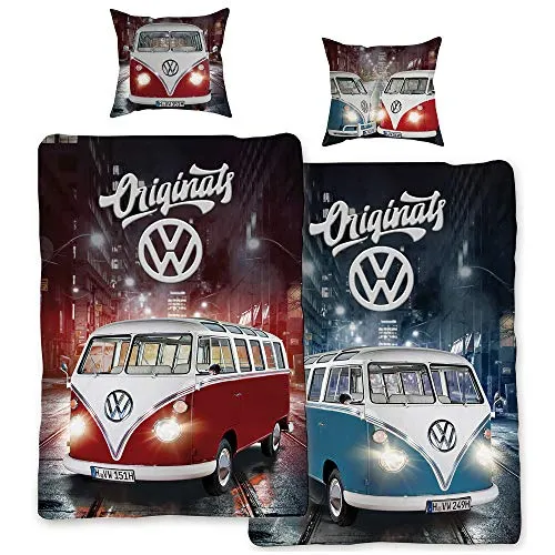 VW Bulli Bettwäsche Originals 155x220 cm - Bettwäsche-Set für VW-Fans, 100% Baumwolle in Linon-Qualität. Pflegeleicht mit Reißverschluss, ideal für ein gesundes Schlafklima und perfekten Komfort.