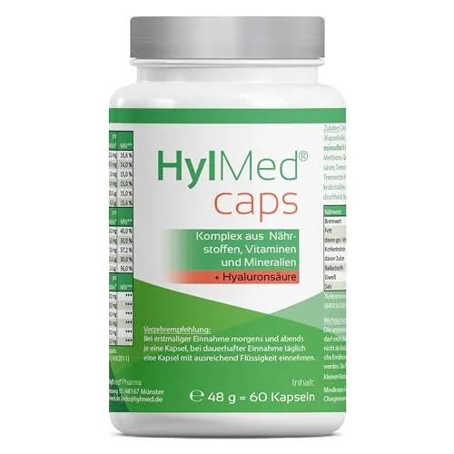 HylMed HA caps Hyaluron-Multikomplex aus hochdosierter Hyaluronsäure, Kollagen und 15 weiteren Nährstoffen, Mineralien und Vitaminen für bis zu 60 Tage als Beitrag zum Erhalt normaler Haut und Knochen
