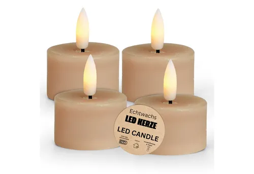 matches21 HOME & HOBBY LED-Kerze LED Teelichter 4er Set Wachs, Flamme flackernd, ca Ø 4x4 cm, Beige (4-tlg), Echtwachskerze praktisch mit Timerfunktion