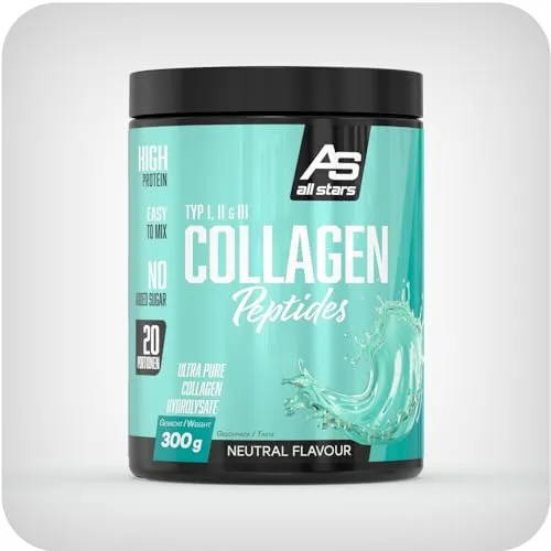 ALL STARS Collagen Peptide Typ I, II & III – leicht lösliches Collagen Peptid mit 13,5g Eiweiß je 15g Portion – Eiweißbaustein für Haut, Haare, Nägel, Knochen, Gelenke – 300g