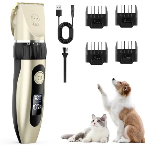 YAZEKY Leise Hundeschermaschine Profi, Schermaschine Hund Katze mit 4 Führungskämmen, Elektrische Tierhaarschneidemaschine, Hundetrimmer Schnurlosen für Dickes, Lockiges Hundehaare(Gold und Schwarz)