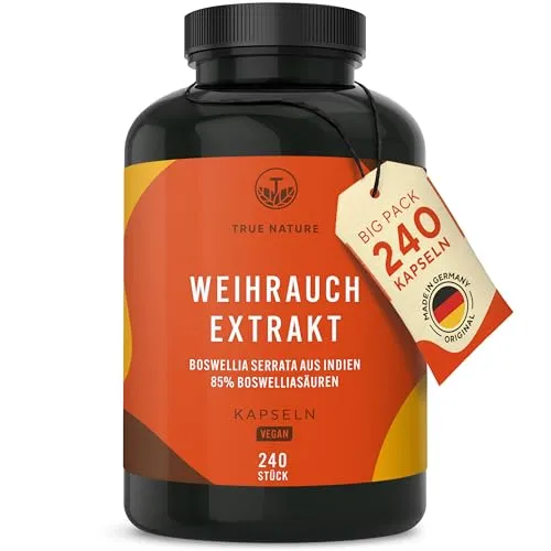 Weihrauch Kapseln Hochdosiert - 2000mg Extrakt pro Tag - 240 Kapseln - Indischer Boswellia Serrata (Weihrauchkapseln) - 85% Boswelliasäure - Vegan, Deutsche Produktion - TRUE NATURE