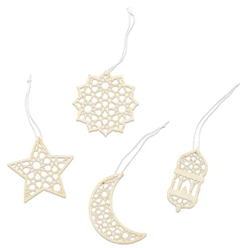 Papierdrachen 12 Holz Anhänger zu Ramadan - Dekoration Eid Mubarak - Deko Zuckerfest zum Aufhängen - naturbraun - 7x7cm - 4 Verschiedene Designs je 3X