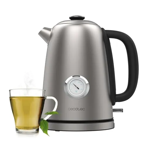 Cecotec Elektrischer Wasserkocher Thermosense 620 Vintage - 1,7L Edelstahl - Eleganter Wasserkocher mit 2200W Leistung und analogem Thermometer. Antikalk-Filter und 360°-Basis für komfortables Kochen und einfaches Befüllen.