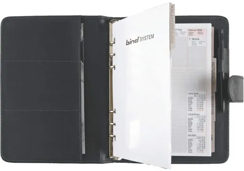 Bind Systemplaner 15501, schwarz, Kunstleder, A5 - Agenda aus hochwertigem Kunstleder mit 6-Ring-Mechanik und zahlreichen Fächern für Visitenkarten. Ideal für Organisation und Notizen im A5-Format.