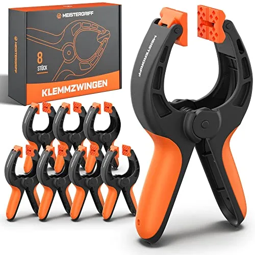 MEISTERGRIFF® Klemmzwingen [8er Set] aus bruchfestem Nylon - Federklemmen für Leimen, Pool, Fotografie - Federzwinge mit hoher Spannkraft & Spannweite - Leimzwingen