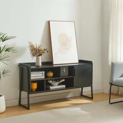 [en.casa] TV Schrank Storfjord Lowboard mit 4 Ablagefächern - TV-Halterungen: Moderner Fernsehtisch mit elegantem Design, vier offenen Fächern für Mediengeräte und stabilen Metallfüßen für einen sicheren Stand.