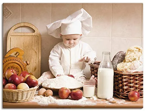 ARTLAND Wanddeko Leinwand Bilder Wandbild 80x60 cm Küchenbilder Koch Backen Landhausstil Kochen Baby Süß U1UD