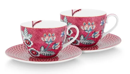 PiP Studio Tasse Flower Festival Set, 280ml - Tassen aus Porzellan im niederländischen Design mit ausgefallenem Blumenmuster, ideal für einen genussvollen Kaffee am Morgen, Set mit 2 Tassen und Untertassen.