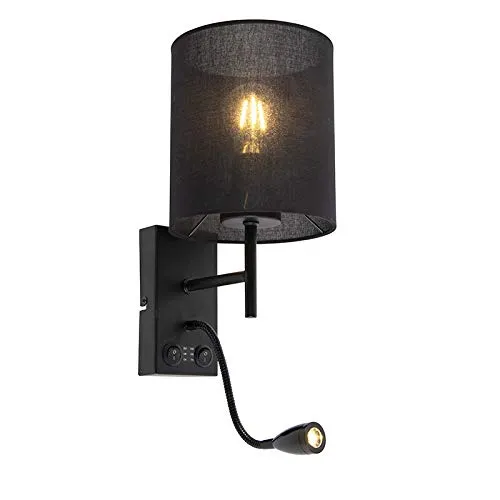 Qazqa Stacca Moderne Wandleuchte mit Lesearm - Schwarz, 2-flammig, max. 40W - Elegante Wandleuchte mit Lesearm und dimmbarem Design. Ideal für Schlafzimmer und Wohnzimmer. Flexibel einsetzbar und kompatibel mit LED-Leuchtmitteln für individuelle Lichtstimmung.