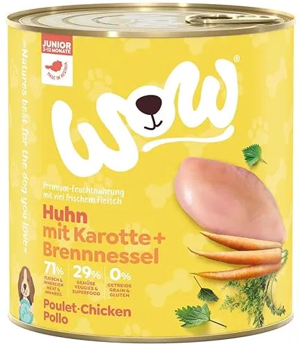 WOW Hundefutter nass Junior mit Huhn, 6x400g | reichhaltiges Nassfutter für Welpen Aller Rassen I Beste Qualität mit viel frischem Fleisch, Karotte & Brennnessel I hohe Akzeptanz & getreidefrei