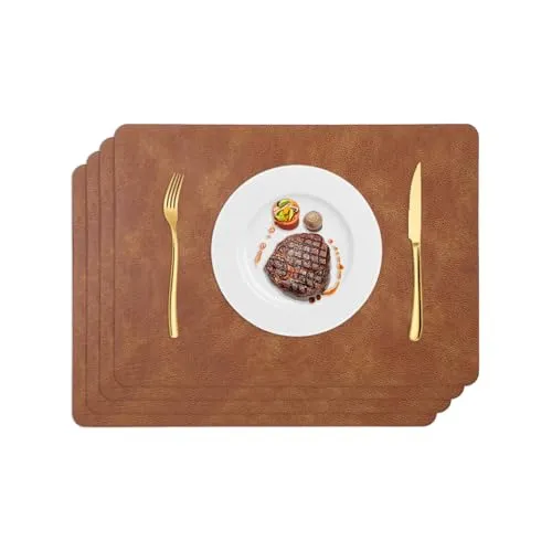 Tischsets Abwaschbar 4er Set Indoor Outdoor, rutschfest Hitzebeständig Platzsets, Kunstleder Platzdeckchen PU Leder, 43x30cm Wasserdicht Tischunterlage für Esstisch Küche (Dunkelbraun)