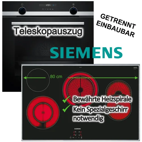 SIEMENS Herdset Backofen mit Teleskopauszug & Glaskeramikkochfeld 80 cm