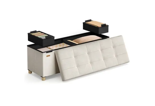 SONGMICS Sitzbank mit Stauraum, faltbar, 38 x 110 x 40 cm, Flur Wohnzimmer Schlafzimmer, mit Deckel, Fußhocker 112 L, bis 300 kg belastbar, cappuccinobeige