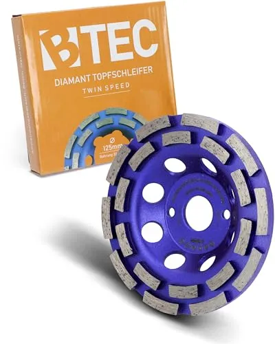BTEC – Twin Speed Diamant Schleiftopf für Beton, Naturstein, Fliesenkleber, Granit, Estrich & Mauerwerk – Topfschleifer Ø 125 mm + Bohrung 22,23 mm – Schleifscheibe doppelreihig für Winkelschleifer