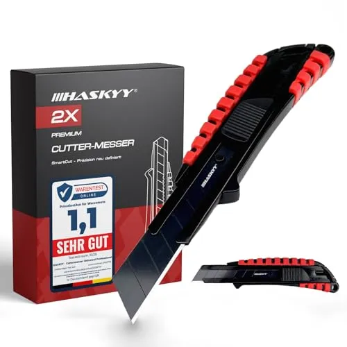 HASKYY Cuttermesser Teppichmesser Universal Professional Set 2x Cutter Messer 18mm mit Extra scharfer SK5 Klinge, Ergonomisch geformter Körper mit Gummirillen & Sicherer Klingenwechsel