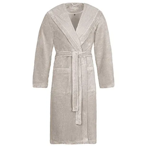 Vossen Unisex-Bademantel Lynn, Langform, stone - Bademantel aus weichem Microfaser-Webfrottier, mit Kapuze und Gürtel, ideal für Damen und Herren. Perfekt für gemütliche Stunden zu Hause.
