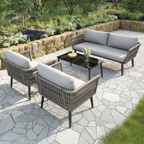 Odikalo Gartenlounge-Set 2-Sitzer-Sofa mit Kissen und Couchtisch - Wetterbeständiges Gartenmöbel-Set aus langlebigem Material, ideal für entspannte Stunden im Freien. Mit bequemen Kissen und elegantem Couchtisch aus Glas für jeden Außenbereich.