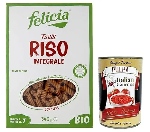 Felicia Fusilli di Riso Integrale,Pasta mit 100% braunem Reis aus der italienischen Lieferkette,Bio und Natürlich Glutenfrei,Packung mit 340g + Italian Gourmet Polpa di Pomodoro 400g Dose