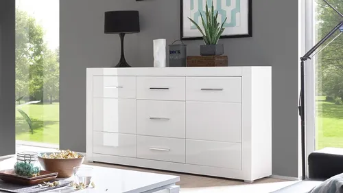 Sideboard Bianco - Moderne Kommode in Weiß Hochglanz - Anrichte mit Schubfächern und Türen, ideal für Esszimmer oder Wohnzimmer. Breite 164 cm, modernes Design und einfache Montage.