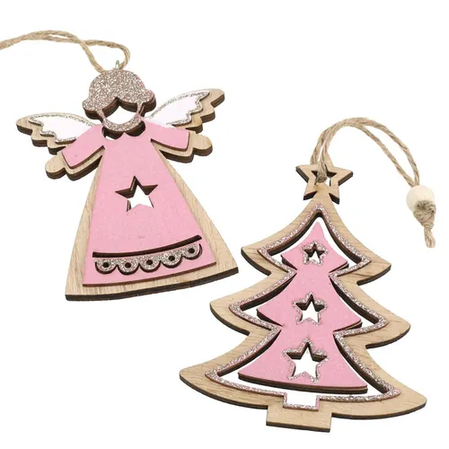 Christbaumschmuck Holz Rosa Glitzer Natur Engel Tanne 11cm 8er Set
