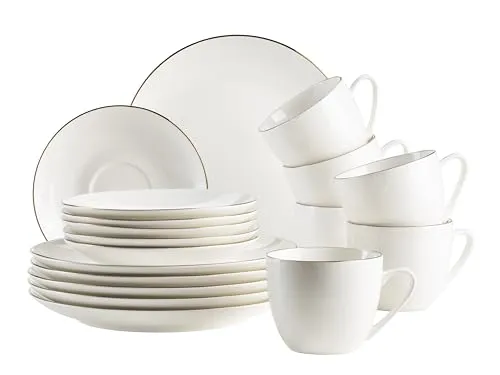 MÄSER Serie Felise Kaffeegeschirr für 6 Personen, elegant mit goldenem Rand - 18-teiliges Porzellan-Kaffeeservice für stilvollen Kaffeegenuss. Inklusive 6 Kaffeetassen, Untertassen und Desserttellern. Zeitloses Design für besondere Anlässe und den täglichen Gebrauch. Spülmaschinen- und mikrowellengeeignet.