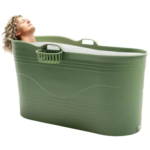 HelloBath® Mobile Badewanne XL 121x56x64 cm für Erwachsene | Tragbare Sitzbadewanne mit verlängerbarem Ablaufschlauch (3 m) & Wasserhahn | Badewanne für Dusche & Outdoor | Grün