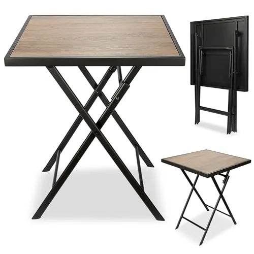 BRUBAKER Gartentisch Bergamo - 58 x 58 cm Balkontisch wetterfest - Metall Beistelltisch klappbar - Campingtisch eckig mit Holz Optik - Klapptisch für Balkon, Terrasse - Bistrotisch - Braun