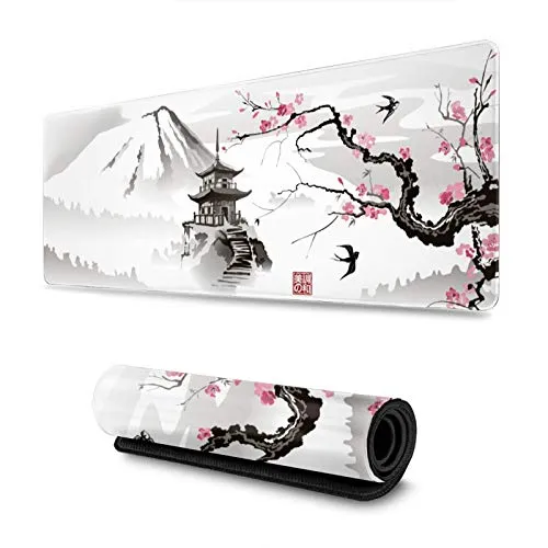 YISHOW Japanisches Kirschblüten-Gaming-Mauspad XL, erweitertes großes Mauspad, Schreibtischunterlage, genähte Kanten, langes, rutschfestes Mäusepad auf Gummibasis, 31,5 x 11,8 Zoll