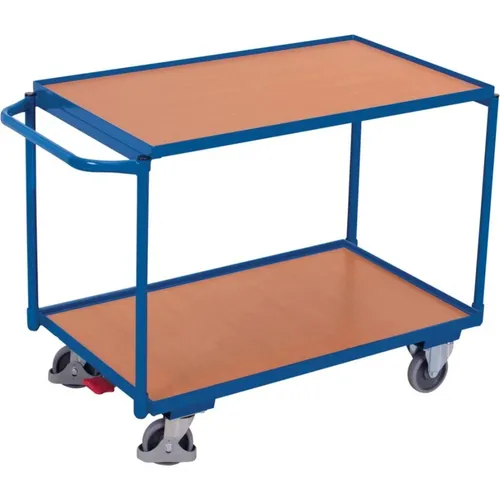 VARIOfit Tischwagen mit 2 Ladeflächen - 250 kg Traglast - Robuster Tischwagen aus Stahlrohr mit waagerechtem Schiebegriff, ideal für Lager und Werkstatt. Die MDF-Platten bieten eine ansprechende Buchendekor-Oberfläche und eine hohe Traglast von 250 kg.