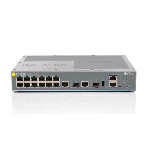 Juniper EX2200-C-12P-2G Switch - Managed PoE - Netzwerk-Switch mit 12 PoE-Ports, ideal für Unternehmen, die zuverlässige und leistungsstarke Netzwerkverbindungen benötigen. Unterstützt Gigabit Ethernet und Jumbo-Frames für hohe Datenübertragungsraten.