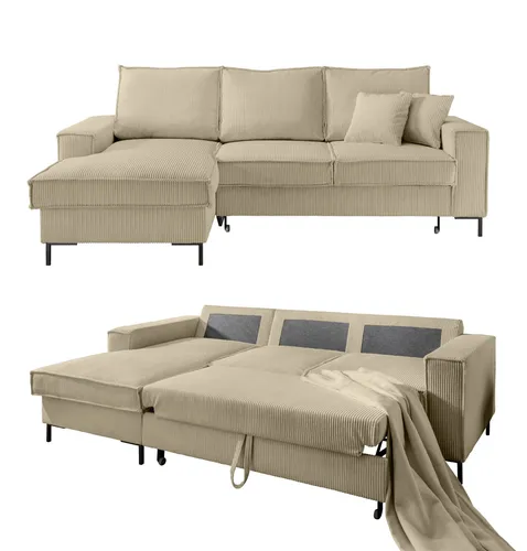 Cord Ecksofa mit Schlaffunktion und Bettkasten in Beige Grau - Ecksofa mit Schlaffunktion und Bettkasten, ideal für entspannende Momente und Übernachtungsgäste. Modernes Design mit Stauraum und komfortablem Sitz.