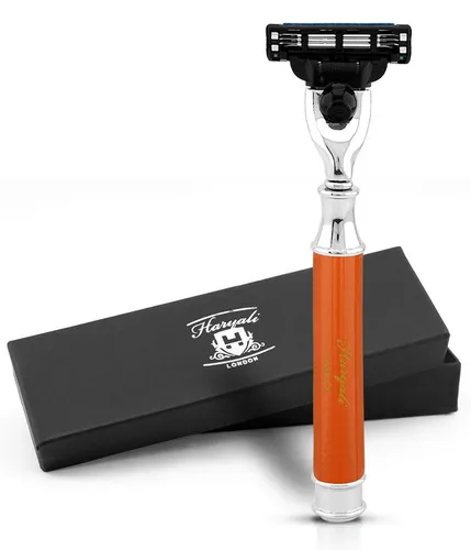 Haryali London Nassrasierer 3-Klingen-Rasierer für Unisex, Smart Grip, Gesichtsrasierer orange, Pack, Rasierapparat mit abnehmbarer Klinge und messing-silbernem Griff, Abwaschbarer, rutschfester Griff. Passt auf alle Mach 3-Rasierer.