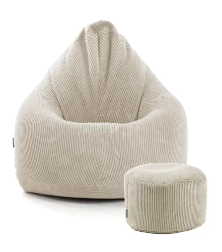 mokebo® Sitzsack Cord XXL mit Hocker für Kinder & Erwachsene in Beige 'Der Tagträumer', Set aus Indoor Bean Bag und Pouf, auch als Bodenkissen, Sitzkissen, Liegekissen mit EPS-Perlen Füllung