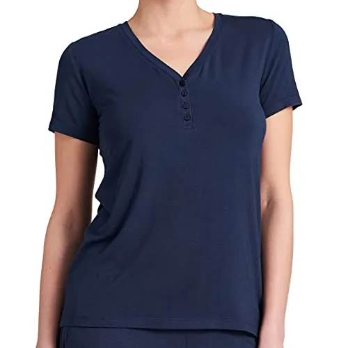 Schiesser Damen Schlafshirt Kurzarm Modal mit Knopfleiste-Mix + Relax - Schlafanzugoberteile für Damen, atmungsaktives Modal mit V-Ausschnitt und funktionaler Knopfleiste für höchsten Komfort und ideale Kombinierbarkeit.