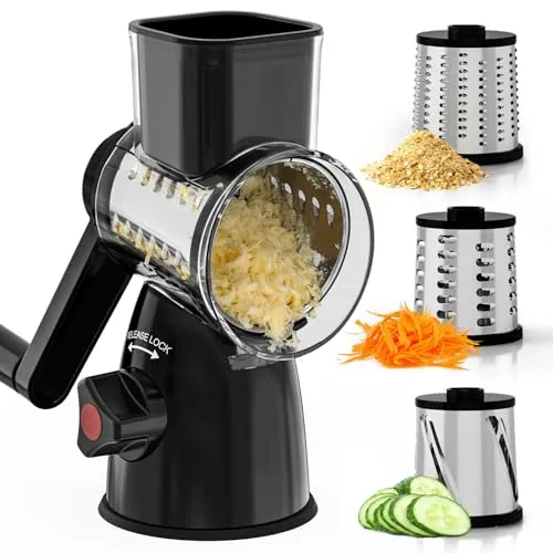Vihoom Käsereibe mit Kurbel, Mandoline Gemüsehobel mit 3 Edelstahl Austauschbaren Trommelblättern, Gemüsereibe Manuell, Mehrzweck Gemüseschneider Ideal für Käse, Gurken, Karotten, Nüsse