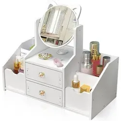 Weißer Make up Organizer mit 360° Spiegel - Schminktische: Eleganter Make-up Organizer mit drehbarem 360° Spiegel für optimale Sicht und praktischer Schublade zur Aufbewahrung aller Kosmetikartikel.