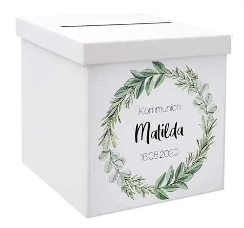 ZauberDeko Geschenkbox Briefbox Kommunion Konfirmation mit Namen - Aufbewahrungsbox für Glückwunschkarten zur Kommunion oder Konfirmation, personalisierbar mit Namen und Datum. Ein stilvolles Erinnerungsstück aus stabilem Karton mit Eukalyptus-Kranz.