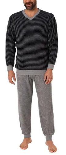 Normann Herren Frottee Pyjama langarm schwarz - Bequemer langärmeliger Frottee Pyjama in klassischem Schwarz mit Streifenoptik. Ideal für gemütliche Nächte, aus hochwertiger Baumwollmischung für angenehmen Tragekomfort.