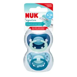 NUK Signature Schnuller, Silikonschnuller mit kiefergerechter Form, 1 Packung = 2 Stück, Größe: 2 (6-18 Monate), farbig sortiert 10176275