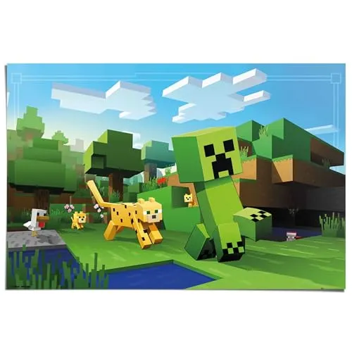 REINDERS Poster, Minecraft - ocelot chase, Kinderzimmer, Poster, Wanddeko, Room Decor, 150 gr. glänzend Bilderdruckpapier, Grün, 61x91,5cm