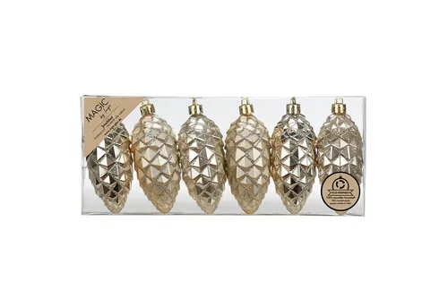 MAGIC by Inge Christbaumschmuck, Christbaumschmuck Zapfen 9cm Kunststoff 6er Set - Creamy Gold